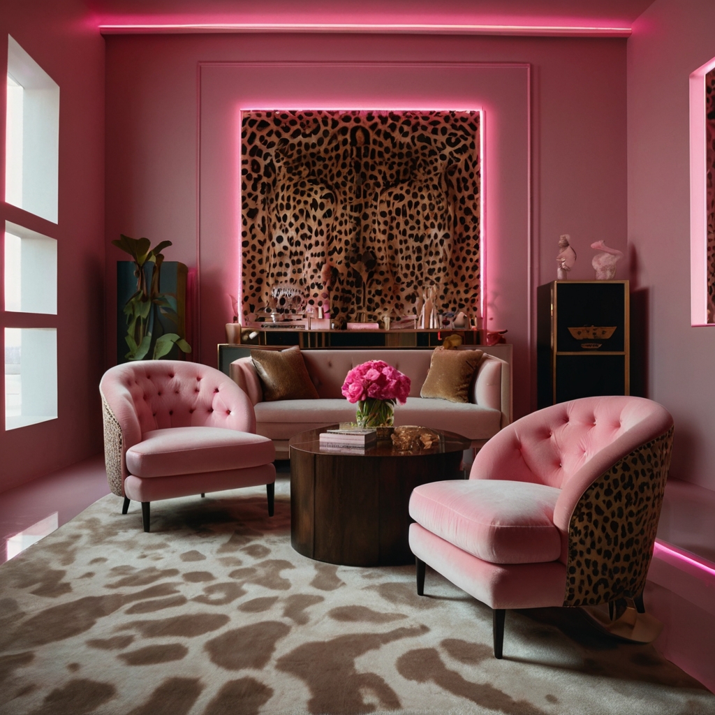 Bare pink walls frame a bold cheetah chair and pink LED signage. Clean layout highlights statement pieces without clutter.