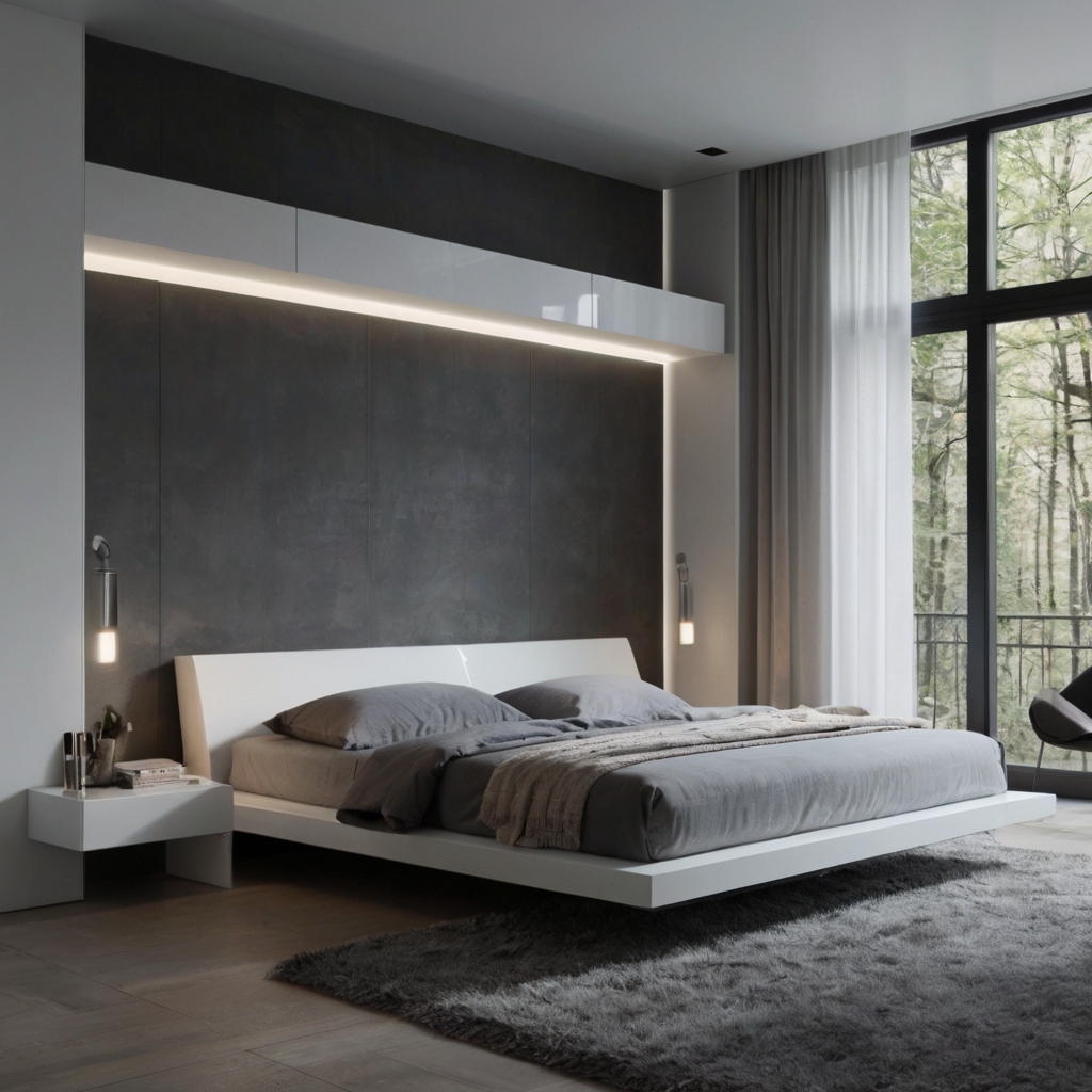 Modern bedroom with clean white furniture and gray tones. Sharp edges and minimal shadows reflect sleek design.