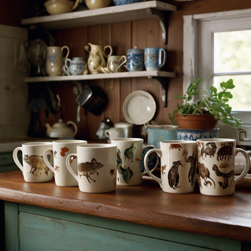A kitchen counter filled with quirky, mismatched mugs, each with its own charm. Soft light illuminates the cozy, lived-in space of colorful chaos.