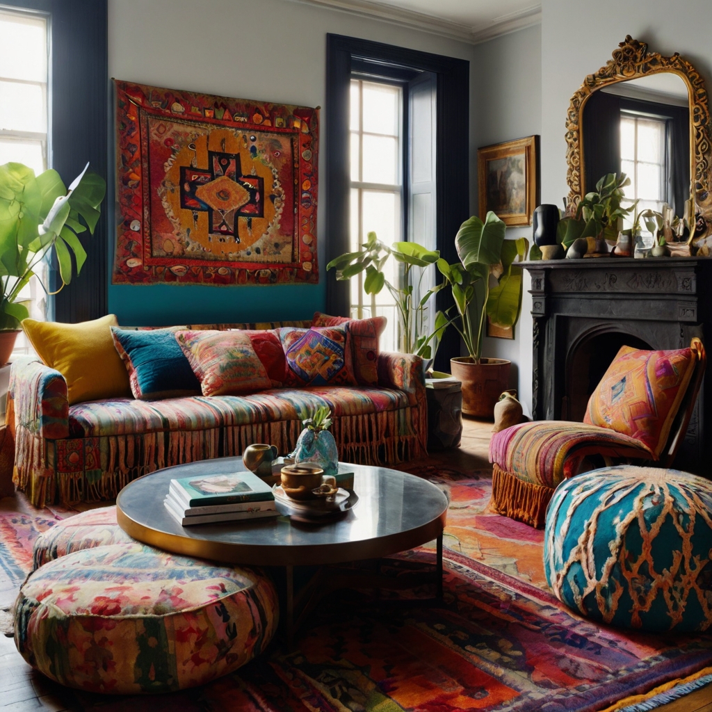 A vibrant living room bursting with florals, stripes, and eclectic patterns. Fringed cushions and tie-dye throws add to the vibrant, intentional chaos.