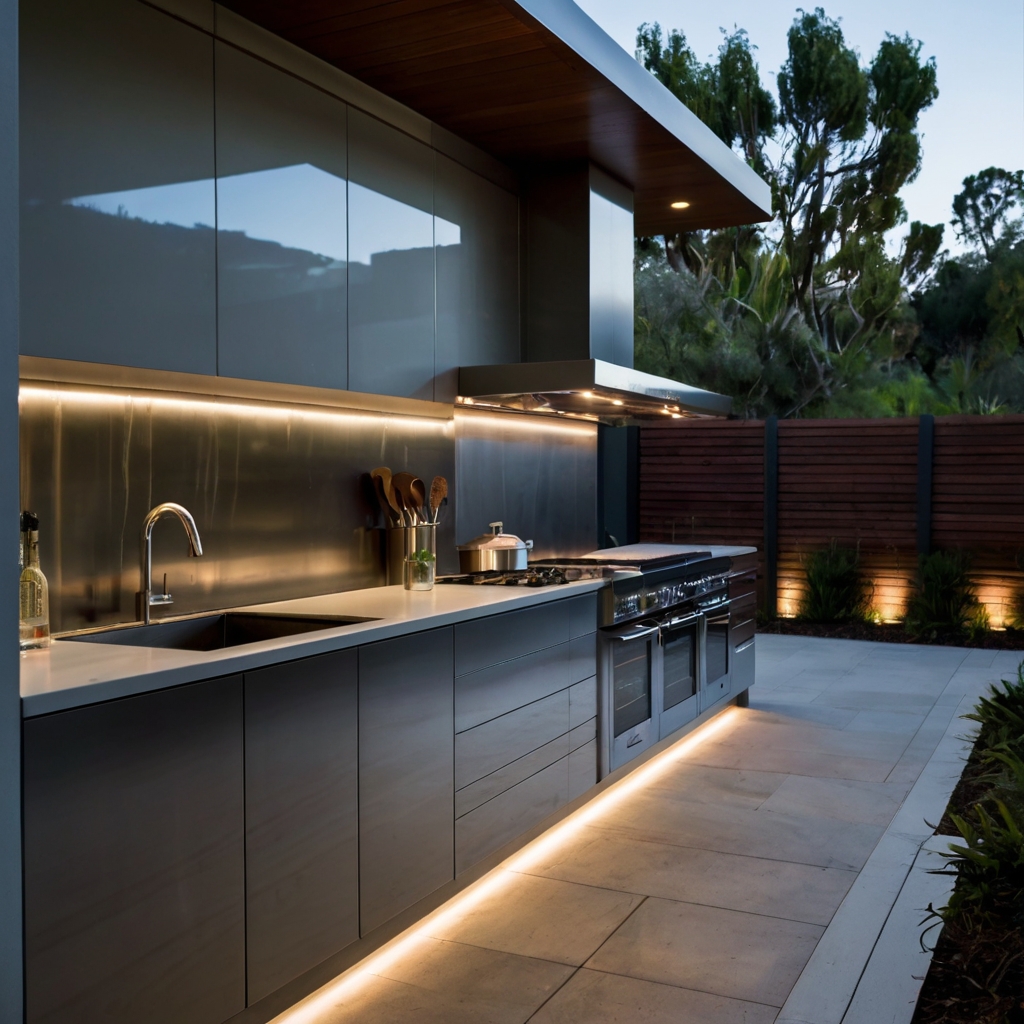 A contemporary alfresco kitchen featuring chrome surfaces and sleek design. The under-cabinet LED lights add a modern, sophisticated touch to the cooking space.