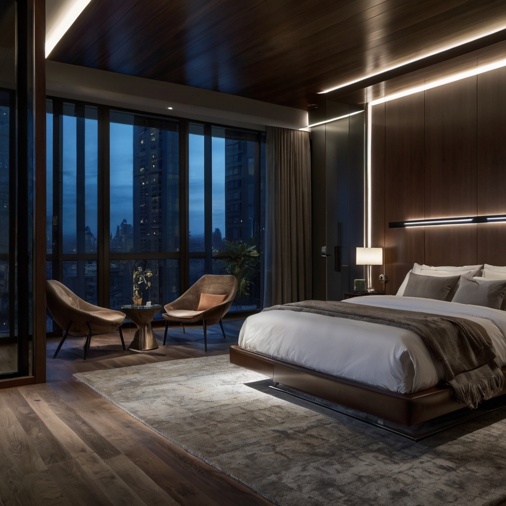 Modern bedroom with sleek furniture, monochrome palette, and diffused pendant lights. Polished textures and refined decor exude sophistication.
