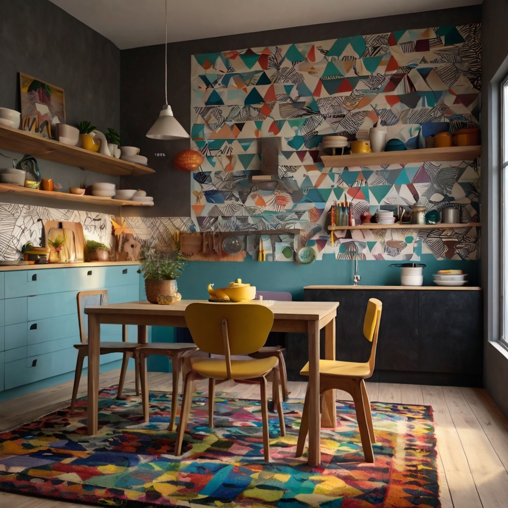 Interactive chalkboard accent wall with vivid geometric shapes, daylight highlighting color contrasts. Children's doodles and vibrant strokes create a playful, modern vibe.