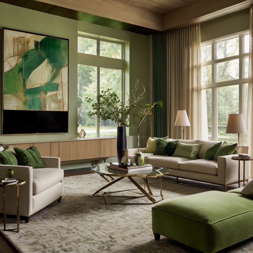 A sleek modern living room with green accents and cream-colored furniture. Natural light highlights the contemporary design and metallic finishes.
