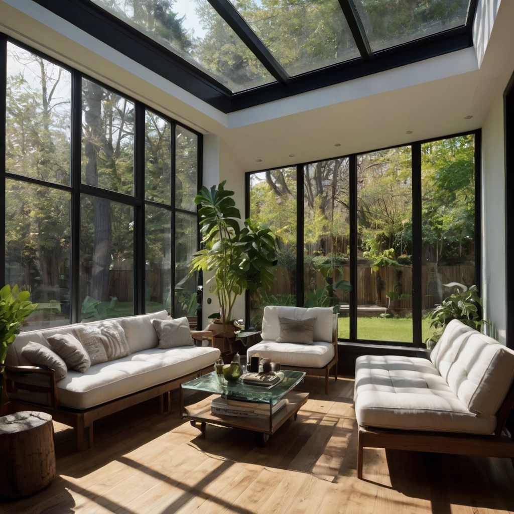 A minimalist sunroom with steel-edged windows, bare floors, and a low sofa beneath angular beams, all bathed in bright sunlight. The room exudes clean, modern energy.