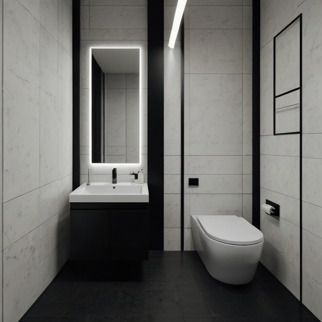 Black-and-white half bathroom with sharp contrast and clean fixtures. Ambient lighting balances elegance and modern minimalism.