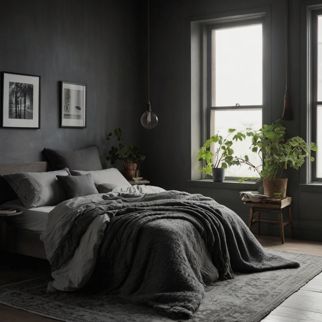 Layered grayscale bedding and ash headboard create harmony. Gentle light highlights texture without overpowering.