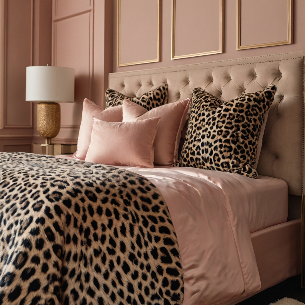 Blush bedding contrasts with black-and-white cheetah prints and gold bedframes. The scene mixes edgy patterns with refined elegance.