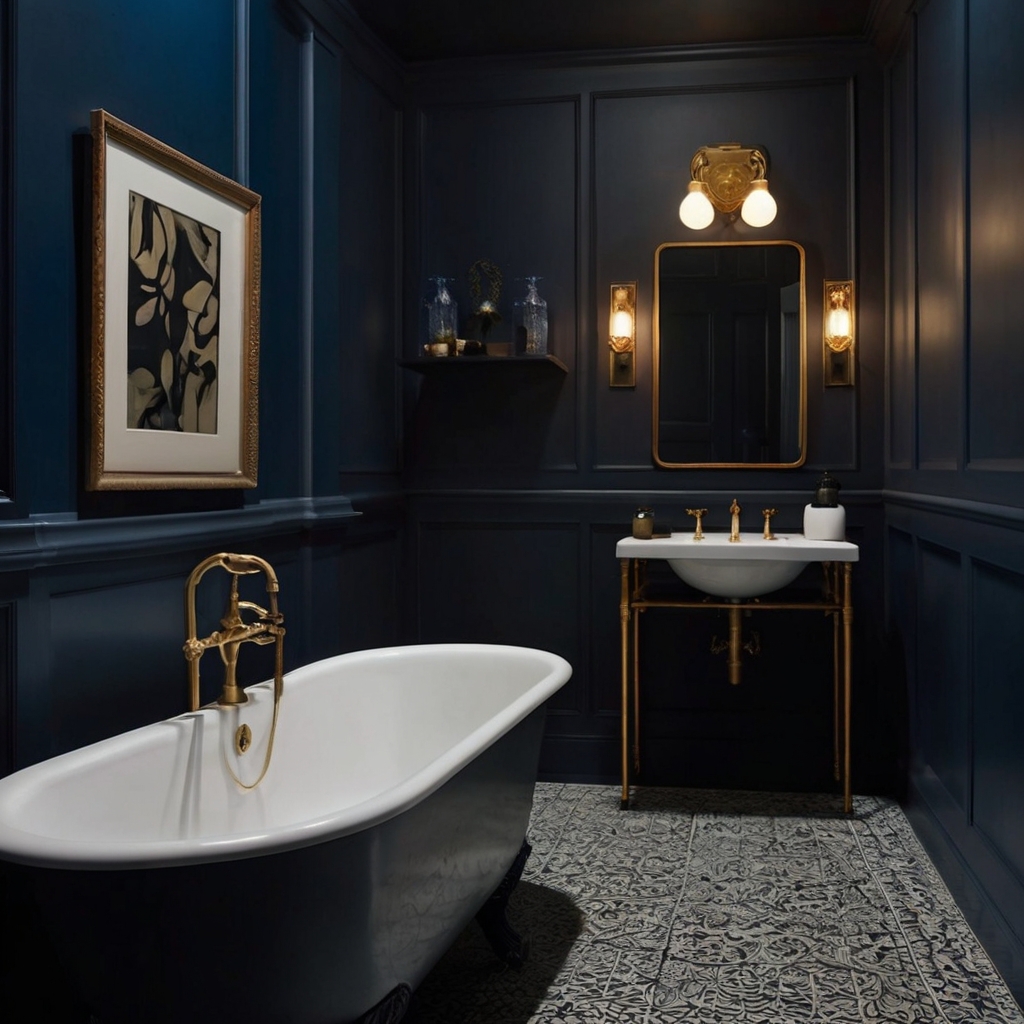 A half bathroom with deep navy walls, dim sconces cast shadows for a bold, moody vibe. Matte finishes and low lighting add intimacy and texture.
