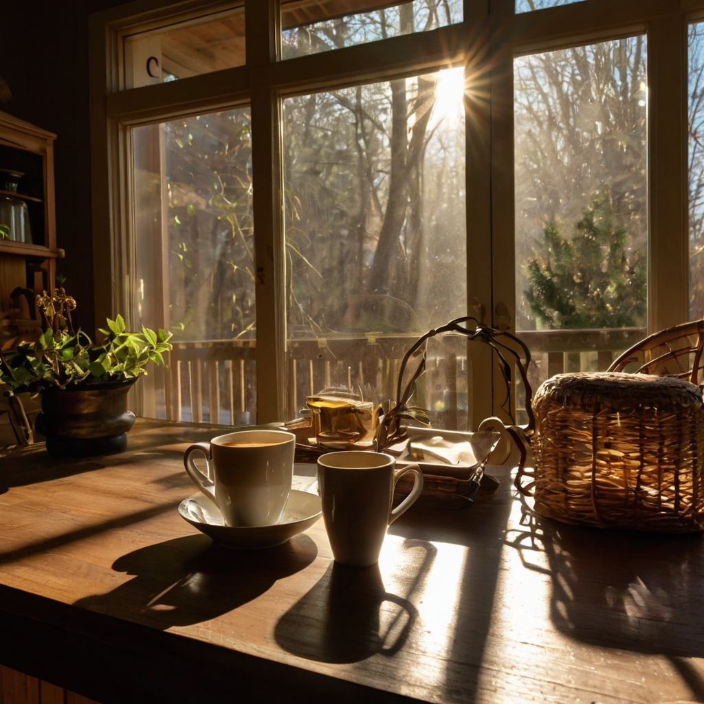 East-facing kitchen featuring granite counters and stainless appliances with morning sunlight on white subway tiles. Eye-level view through floor-to-ceiling panels reveals clear sunroom design.