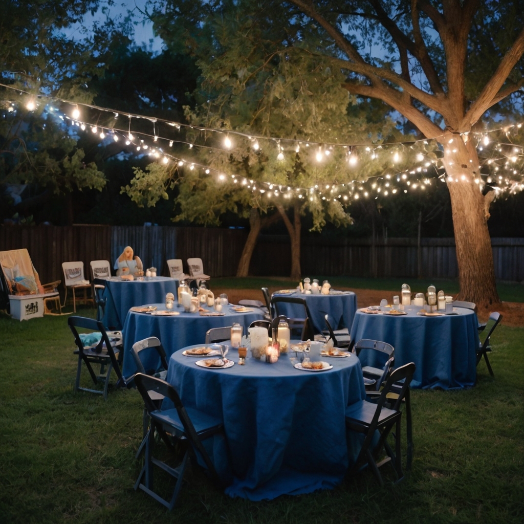 Outdoor baby shower movie night with denim poufs, popcorn jeans, and glowing string lights. A cozy screen shines under lanterns and moonlit trees.