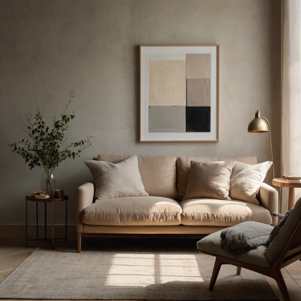 Abstract beige wall art above a pale sofa in soft daylight. Muted decor creates peaceful balance with minimal shadows.