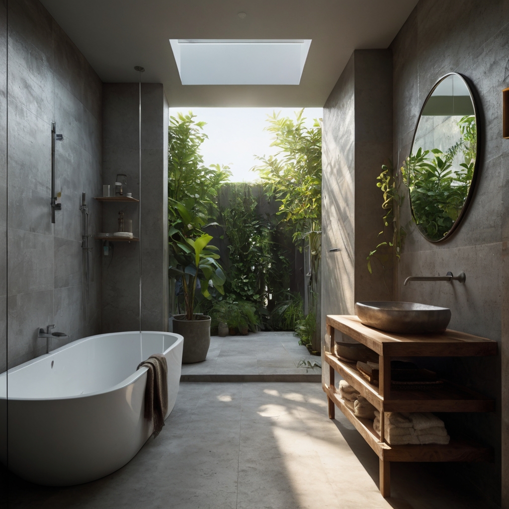 Skylights or frosted windows flood the bathroom with daylight. Reflections and soft shadows make the room feel open.
