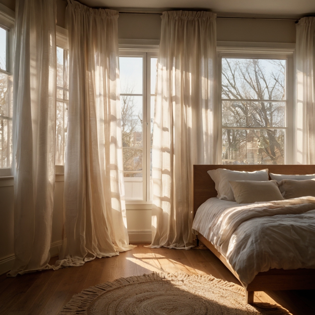 Billowing sheer curtains glow in golden morning light. Wood floors and pale bedding create an airy, fresh look.