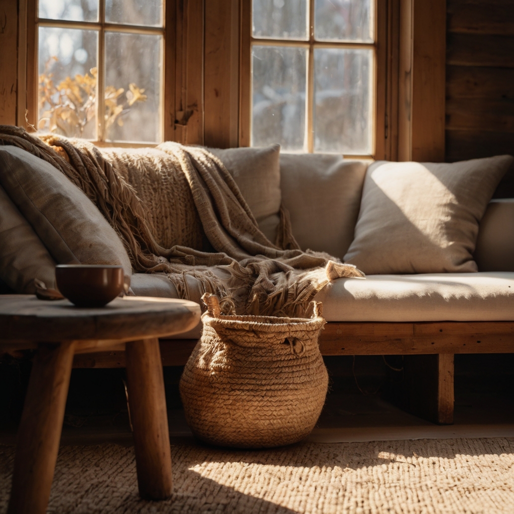 Close-up of jute, cotton, and wood textures under angled sunlight. Organic materials highlight cozy, grounded minimalism.