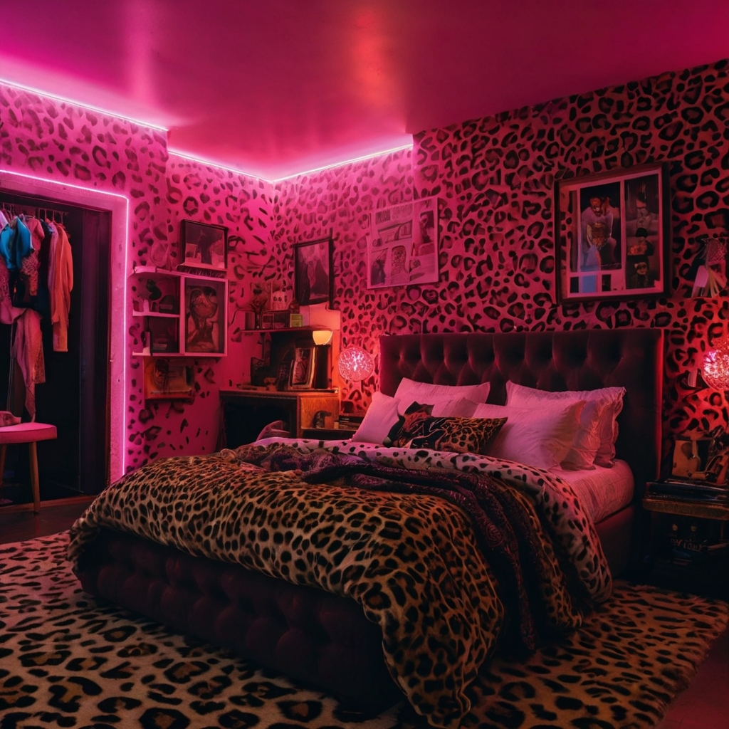 Ceiling neon lights in pink cast dramatic shadows on cheetah accents. Bold lighting brings rebellious character to the room.