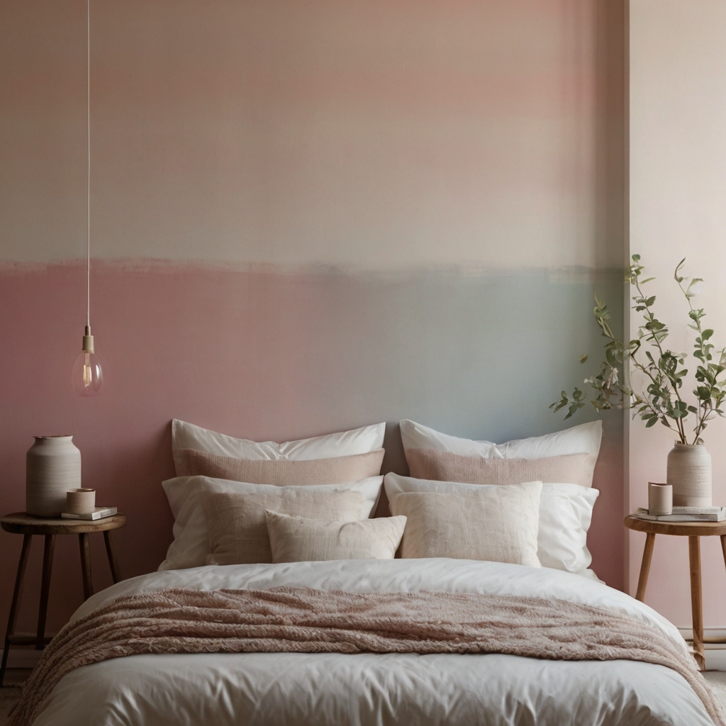Seamless ombré wall fading from pastel pink to creamy white in soft light. Gentle transitions and brush textures create dreamy ambiance.