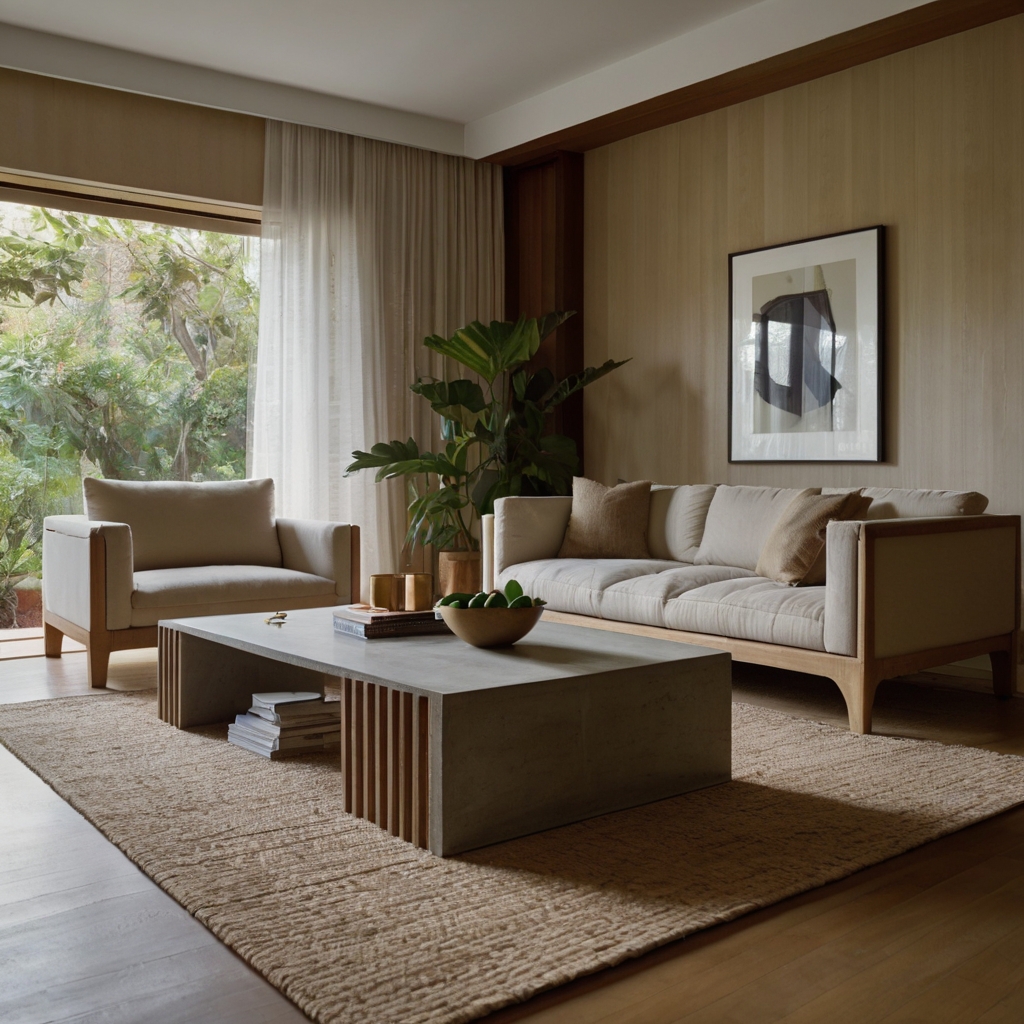 Concrete coffee table anchors a neutral room with soft shadows. All other elements fade to spotlight a single bold form.