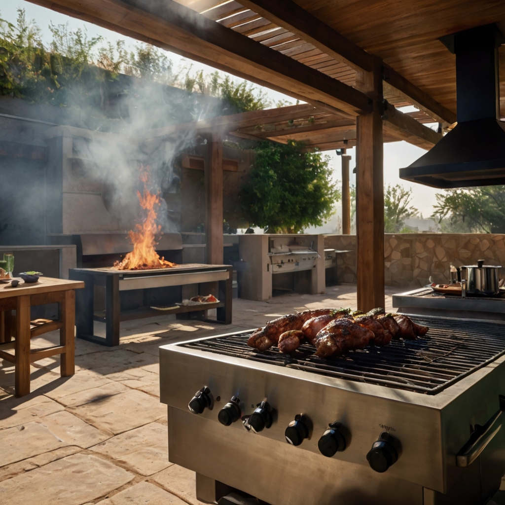 An open-air BBQ area with a large grill and guests gathering around, enjoying the relaxed atmosphere. The wide open sky adds a sense of freedom to the space.