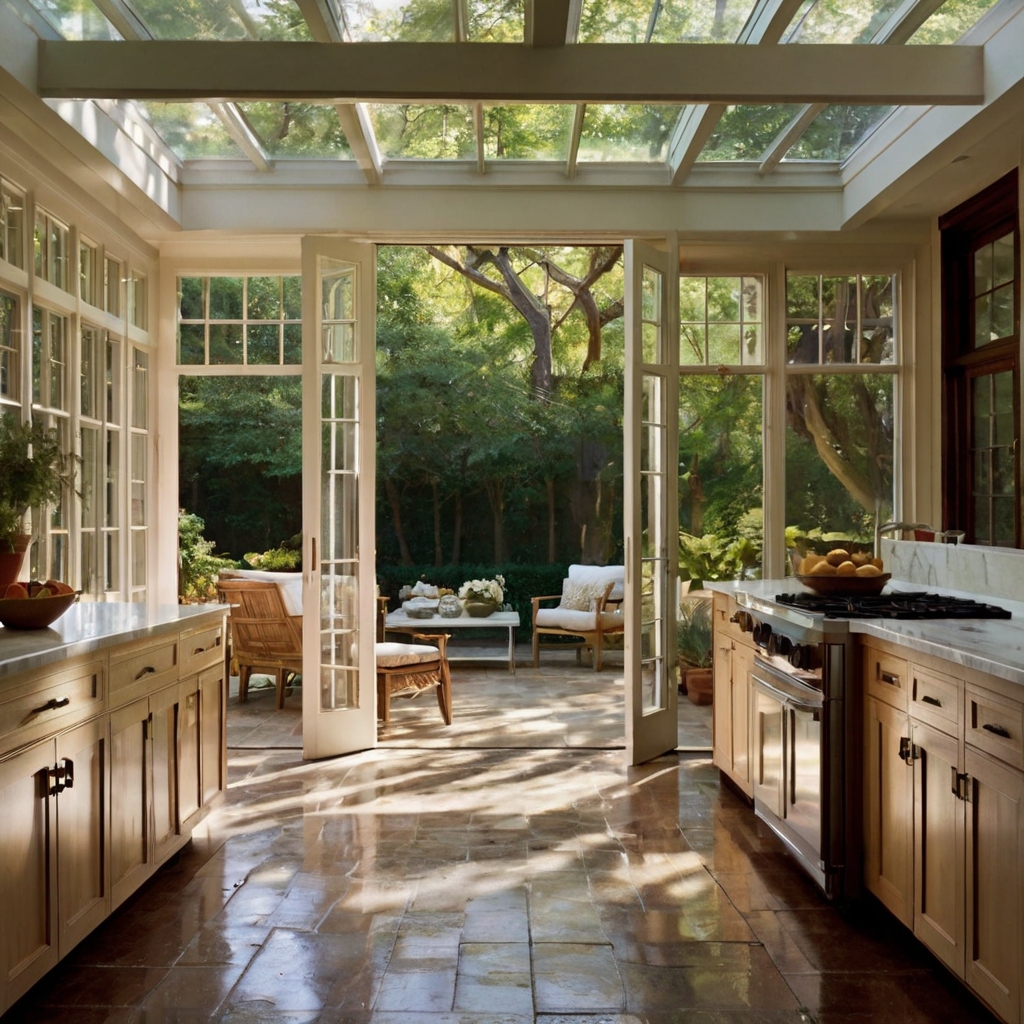 Breezy kitchen view with open casement windows, light oak cabinets, and quartz countertops under morning sun. Wide-angle interior shot reveals seamless flooring flowing into bright sunroom space.