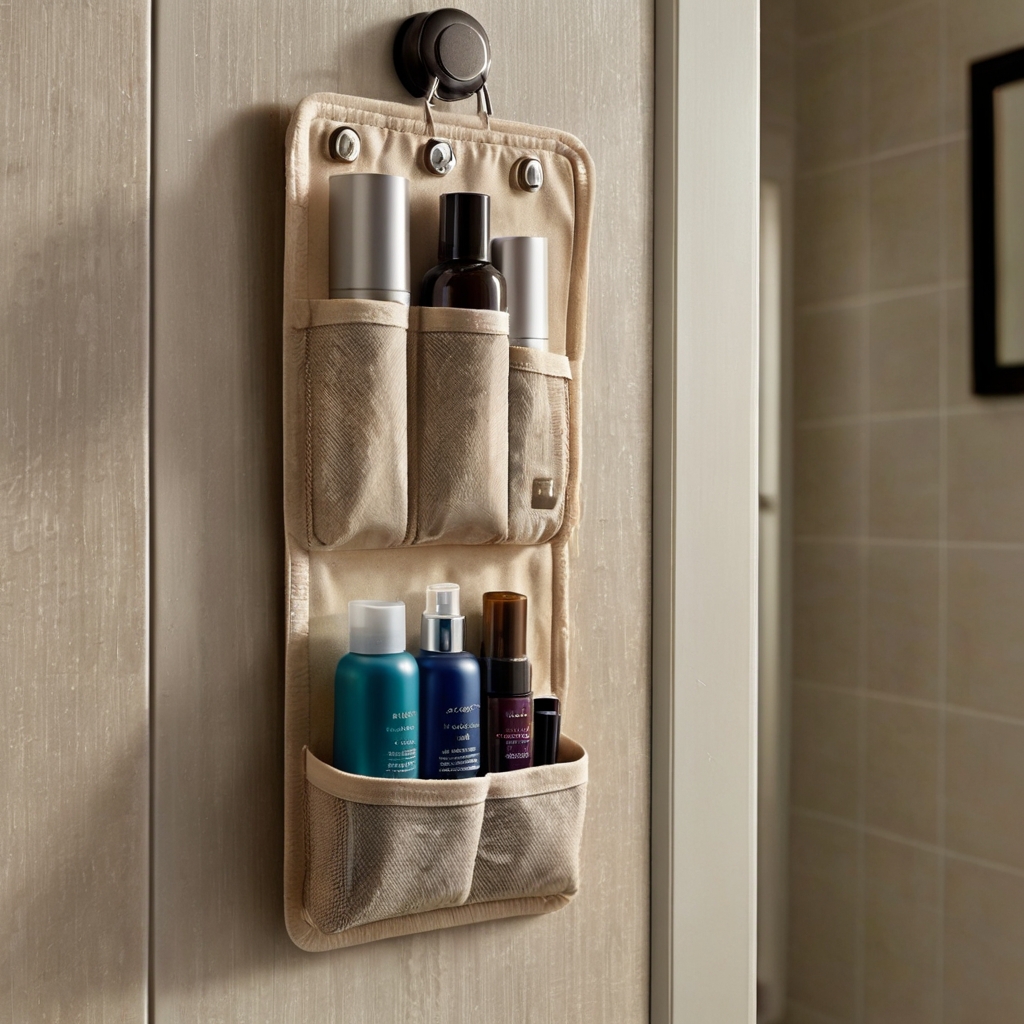 Fabric pocket organizer on a bathroom door filled with everyday essentials. Clean layout with bright lighting and minimal clutter.
