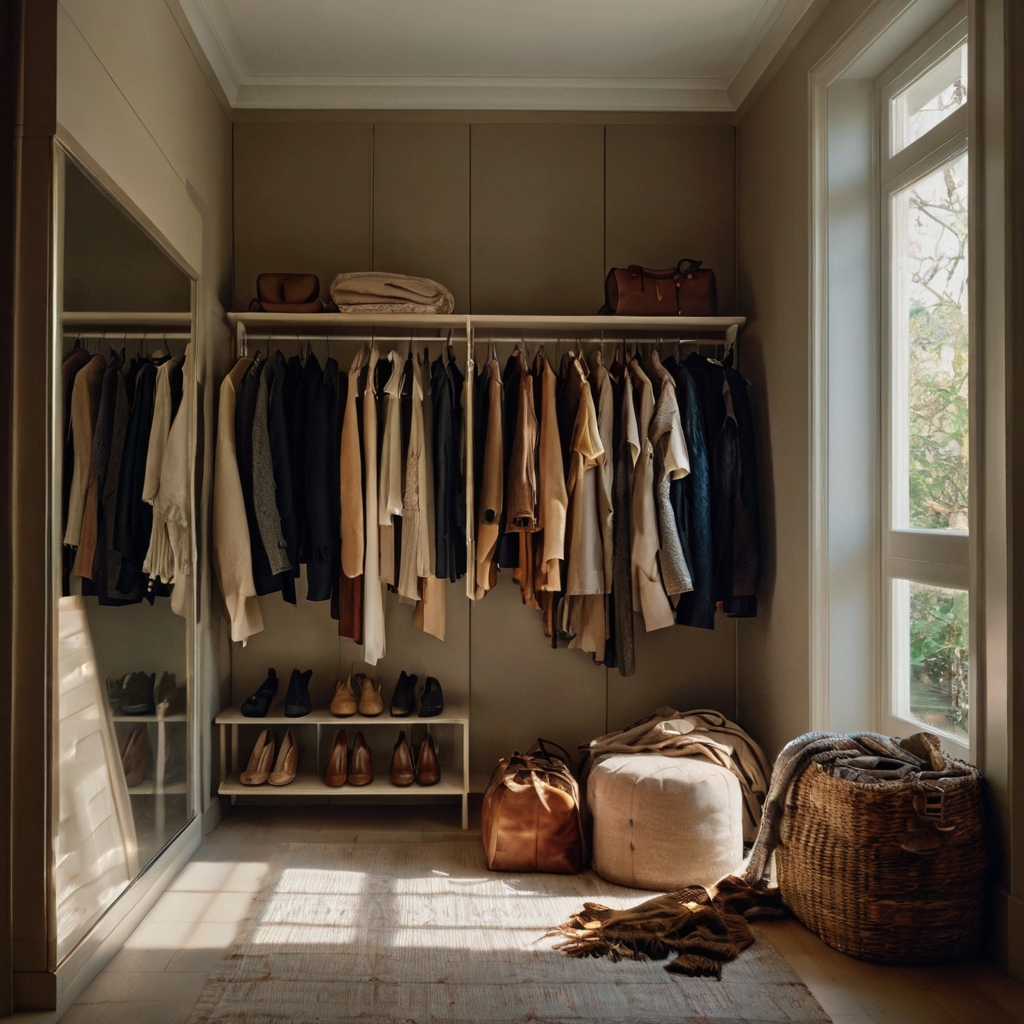 An open closet with jackets spilling into the hallway, creating a casual, stylish chaos. Natural light casts soft shadows over the colorful fashion display.