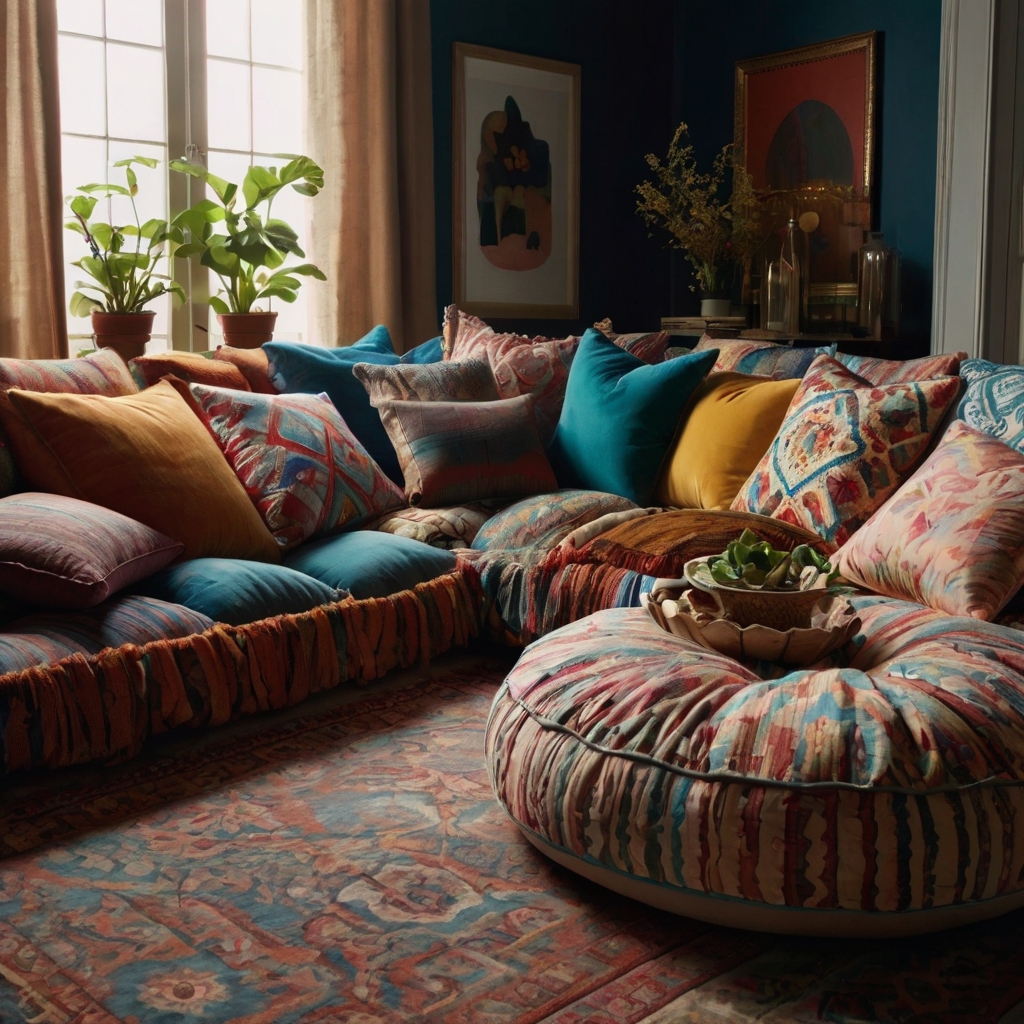 A sofa overflowing with vibrant throw pillows, spilling onto the floor. The room is bathed in natural light, emphasizing the comfort and playful overload.