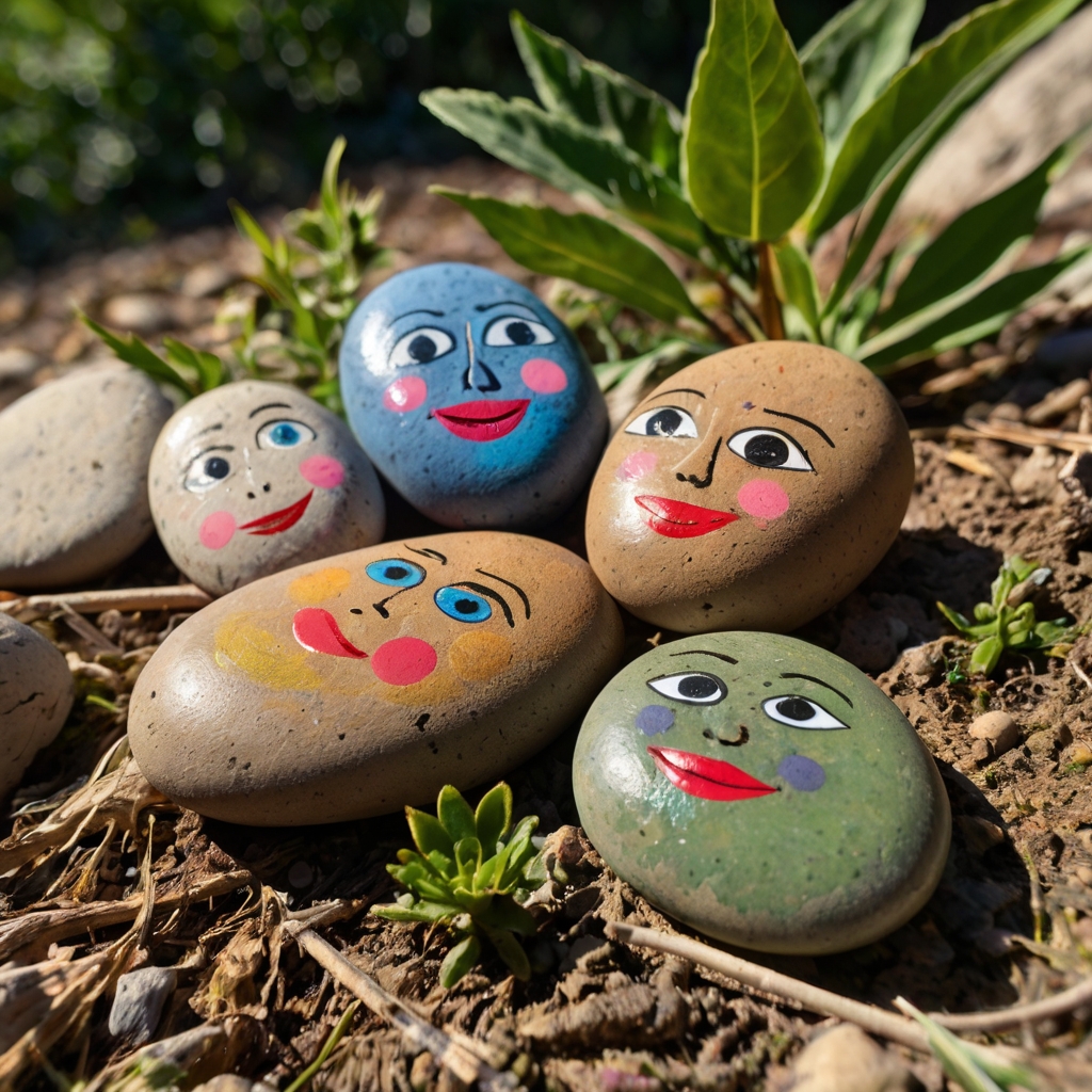 Hand-painted pebbles with playful facial expressions rest beside blooming garden beds. Natural sunlight highlights their quirky charm beneath foliage.
