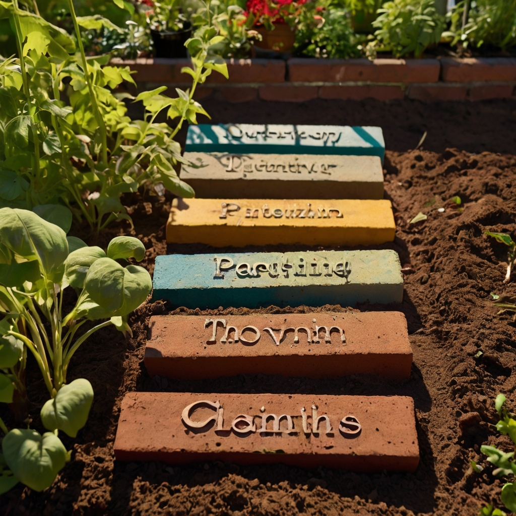 Bricks painted with plant names mark rows of leafy garden growth. Personalized labeling blends rustic charm with practical use.