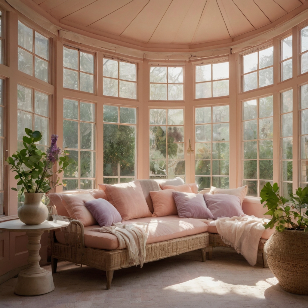 A sunroom with pastel peach walls and lavender cushions, where soft sunlight filters through sheer curtains, creating a calming and soothing atmosphere.