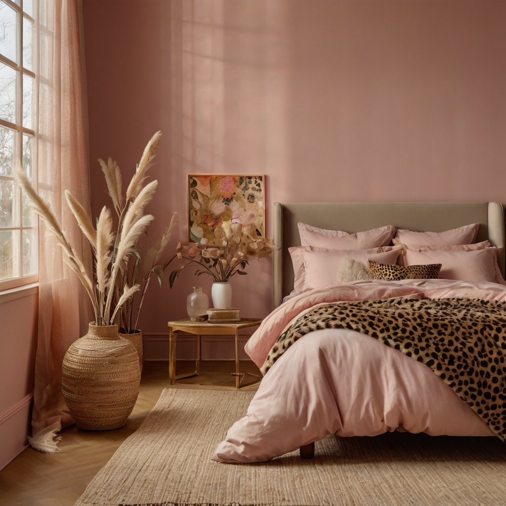 Pastel pink walls soften the cheetah-spotted bedding in a sunlit, artistic bedroom. Golden-framed photos and pampas grass add dreamy texture.