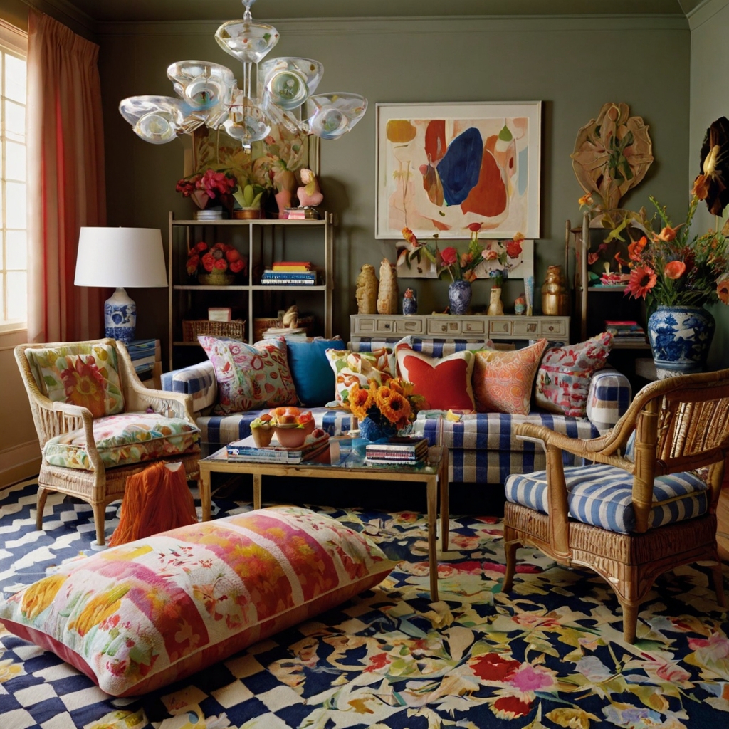 A room overflowing with mixed patterns, from florals to plaid and checkerboard rugs. Natural light casts playful shadows on the clashing designs.