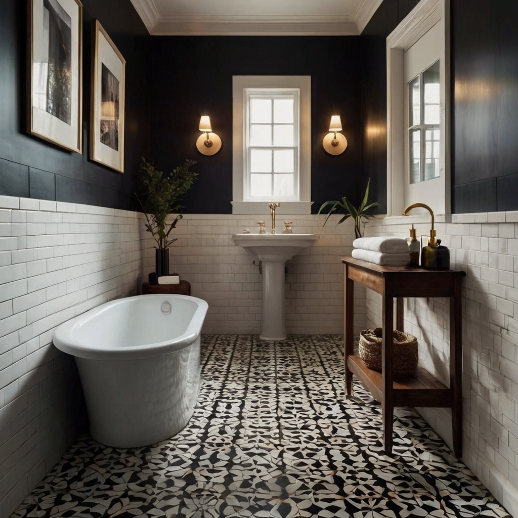 Checkerboard or Moroccan tiles make a bold statement underfoot. Natural light enhances their intricate, high-contrast design.