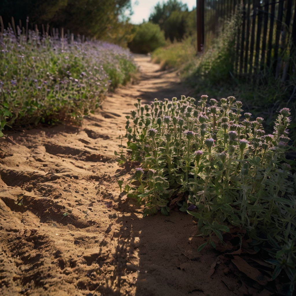 Realistic ground cover of pennyroyal under full sun, slightly crushed under bare feet. Minty leaves and gate shadows suggest scent and natural wear.