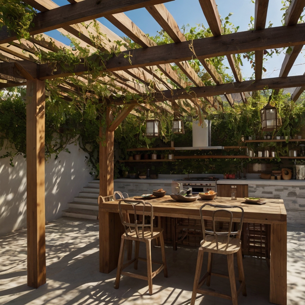 An outdoor cooking area under a pergola with woven vines, providing a shaded cooking environment. The natural ambiance creates a relaxed, inviting cooking space.