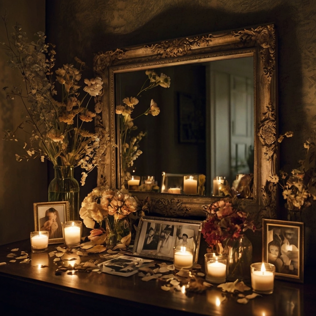 Personal mementos like photos, wristbands, and dried flowers scattered on a mirror. Soft, warm lighting brings out the sentimental and chaotic beauty of memories.