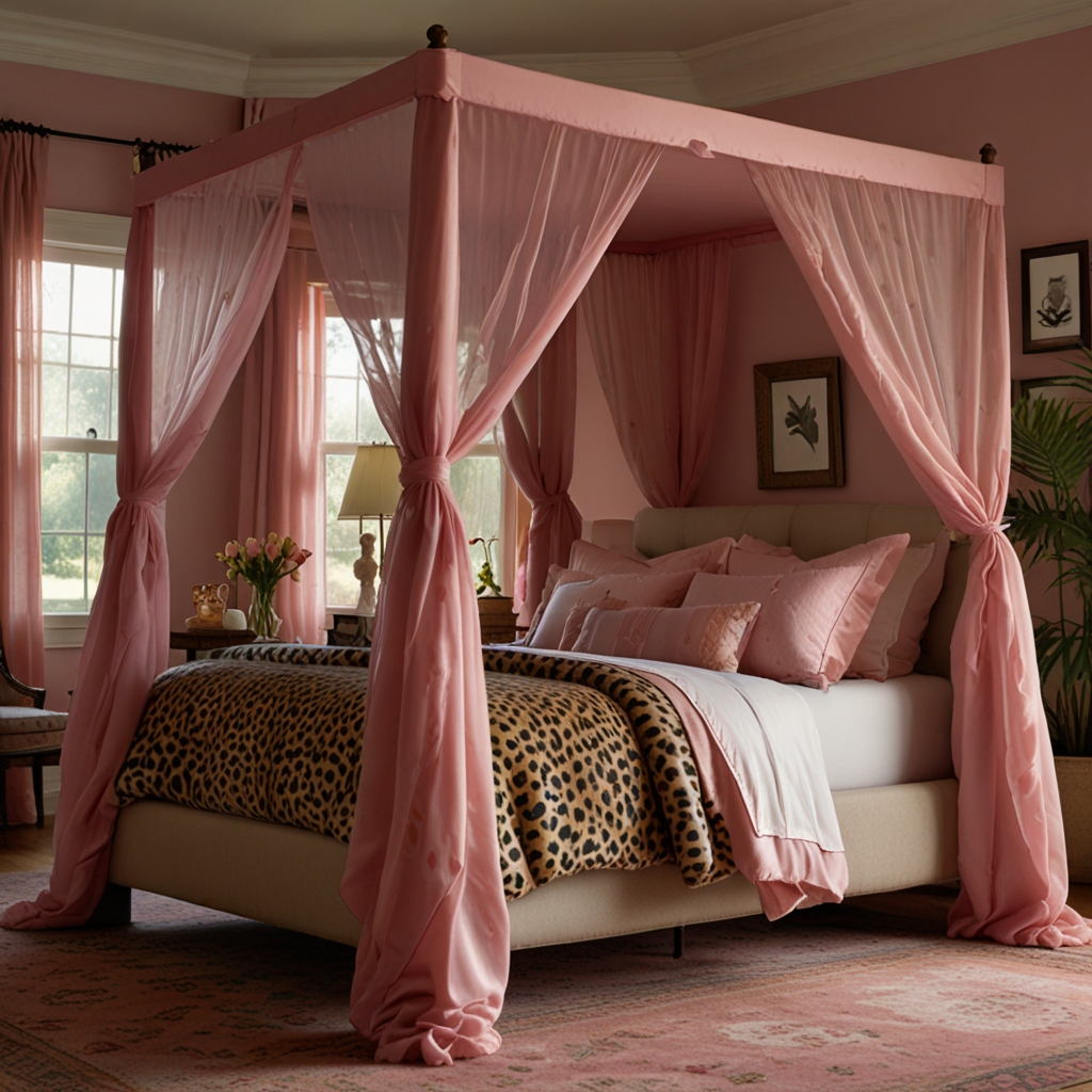 Dusty pink canopy floats above cheetah-print bed in candlelit calm. Soft fabric diffuses bold patterns into dreamy balance.