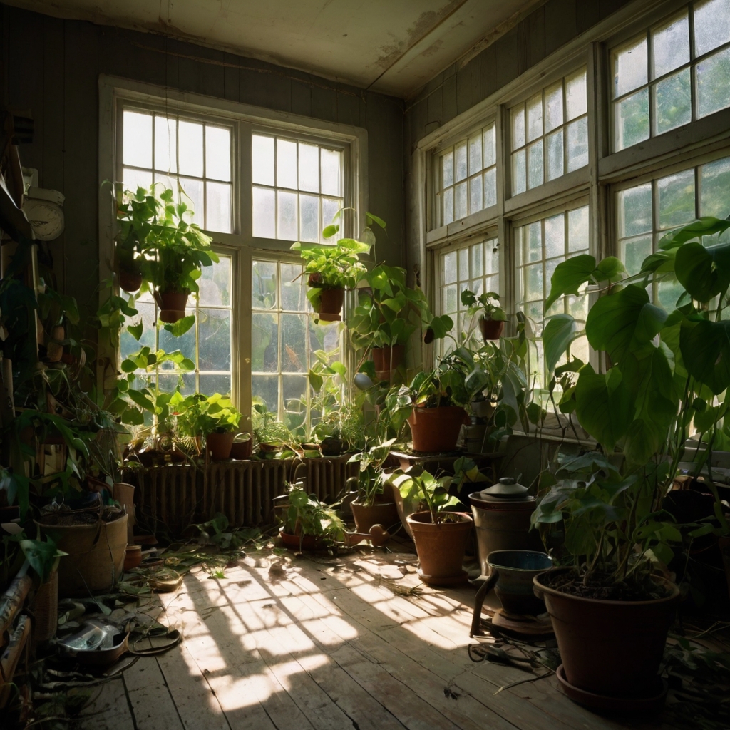 A corner filled with plants spilling from teacups, old cans, and cracked boots. Bright natural light highlights the wild, untamed growth and chaotic beauty.