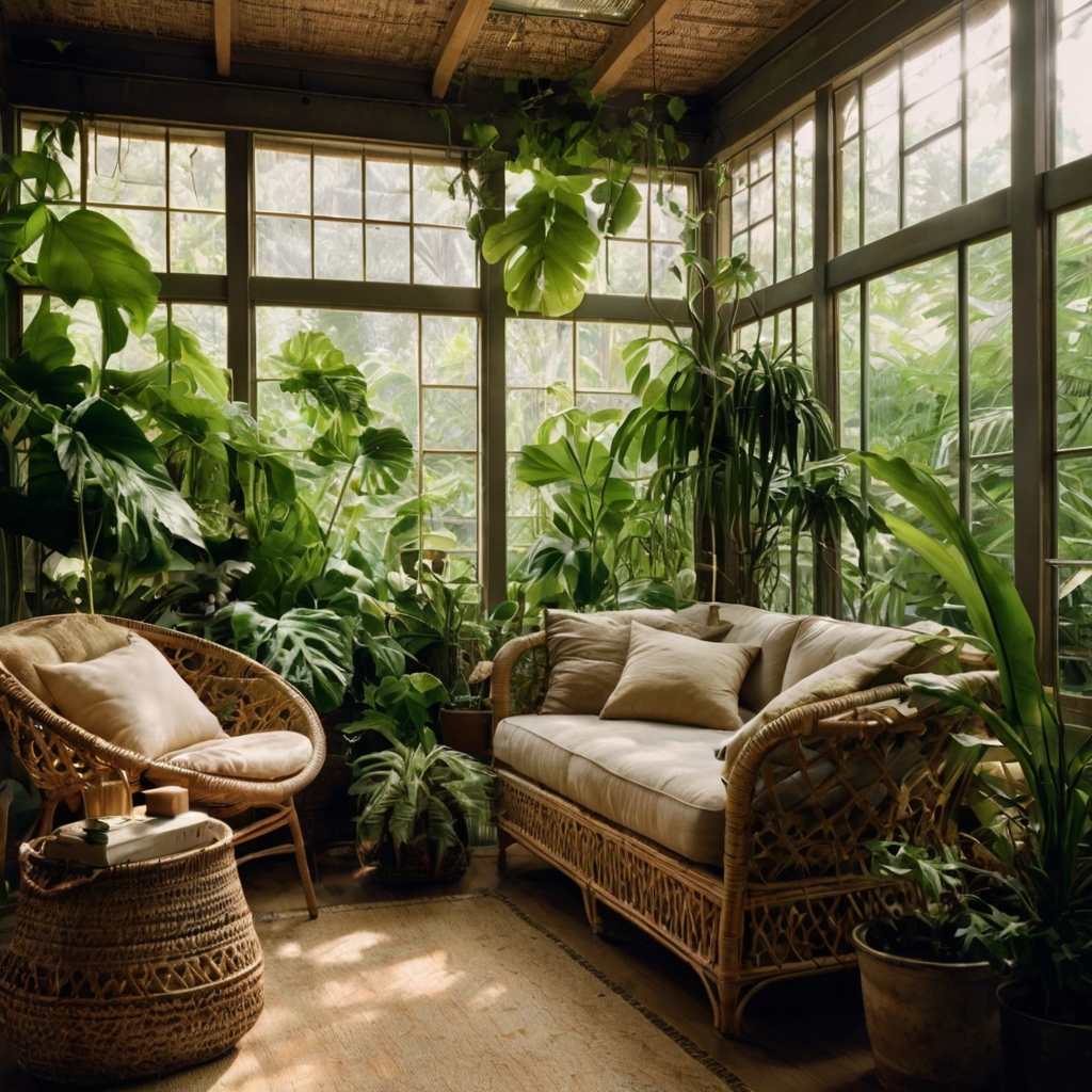 A lush sunroom filled with hanging plants, vines, and wicker furniture, illuminated by natural light that enhances the wild, green ambiance.