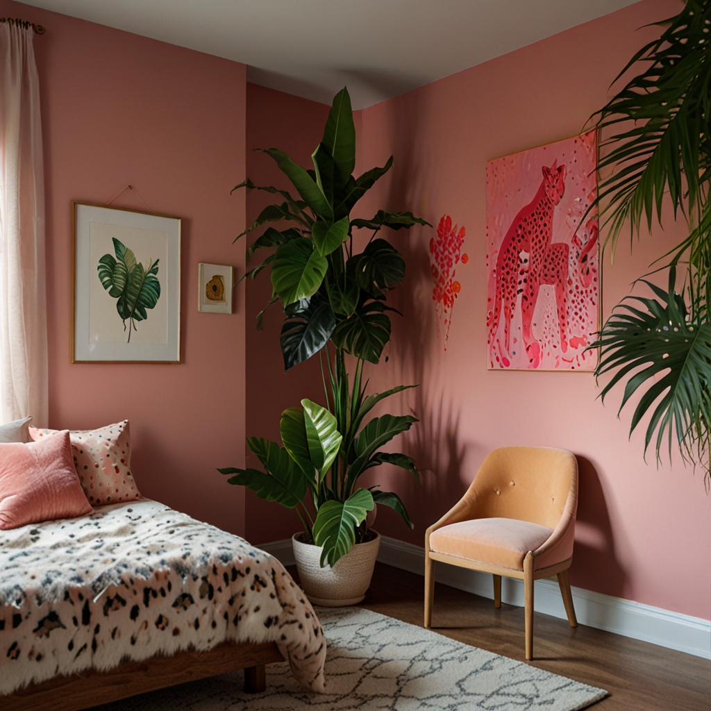Lush green plants soften the impact of cheetah-print walls and pink decor. Natural texture calms the synthetic boldness.