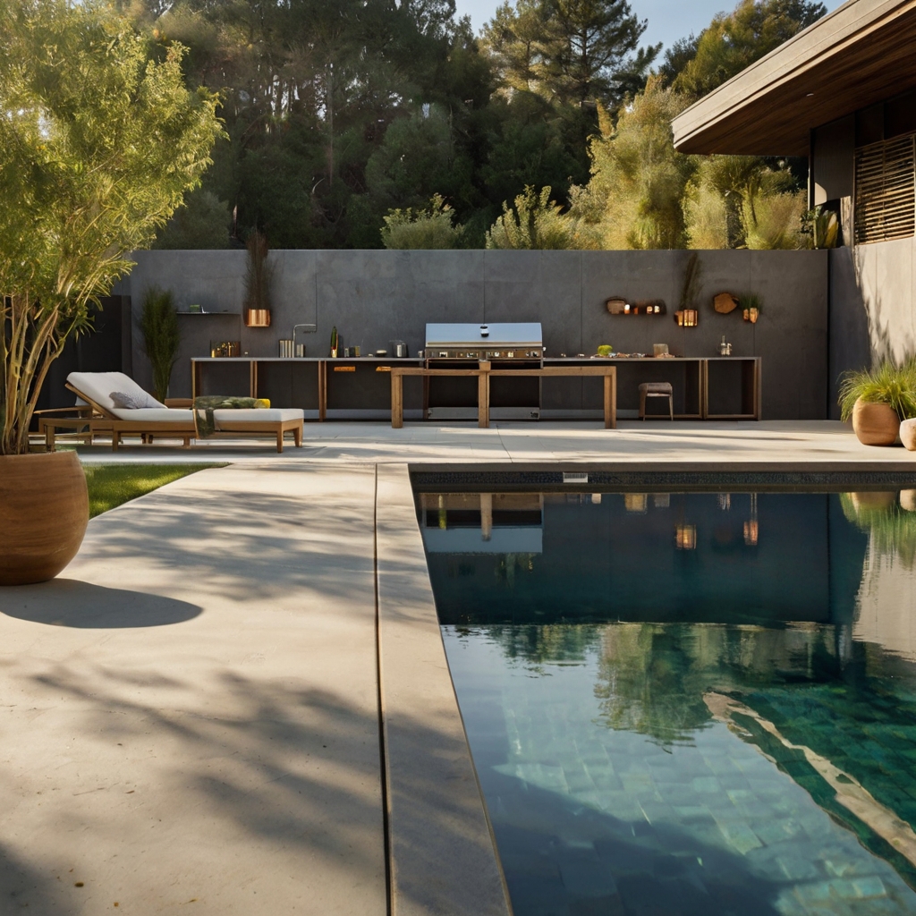 A sleek poolside cooking area with shimmering countertops and a grill sizzling nearby. The sparkling water and warm sun create the perfect setting for outdoor cooking.