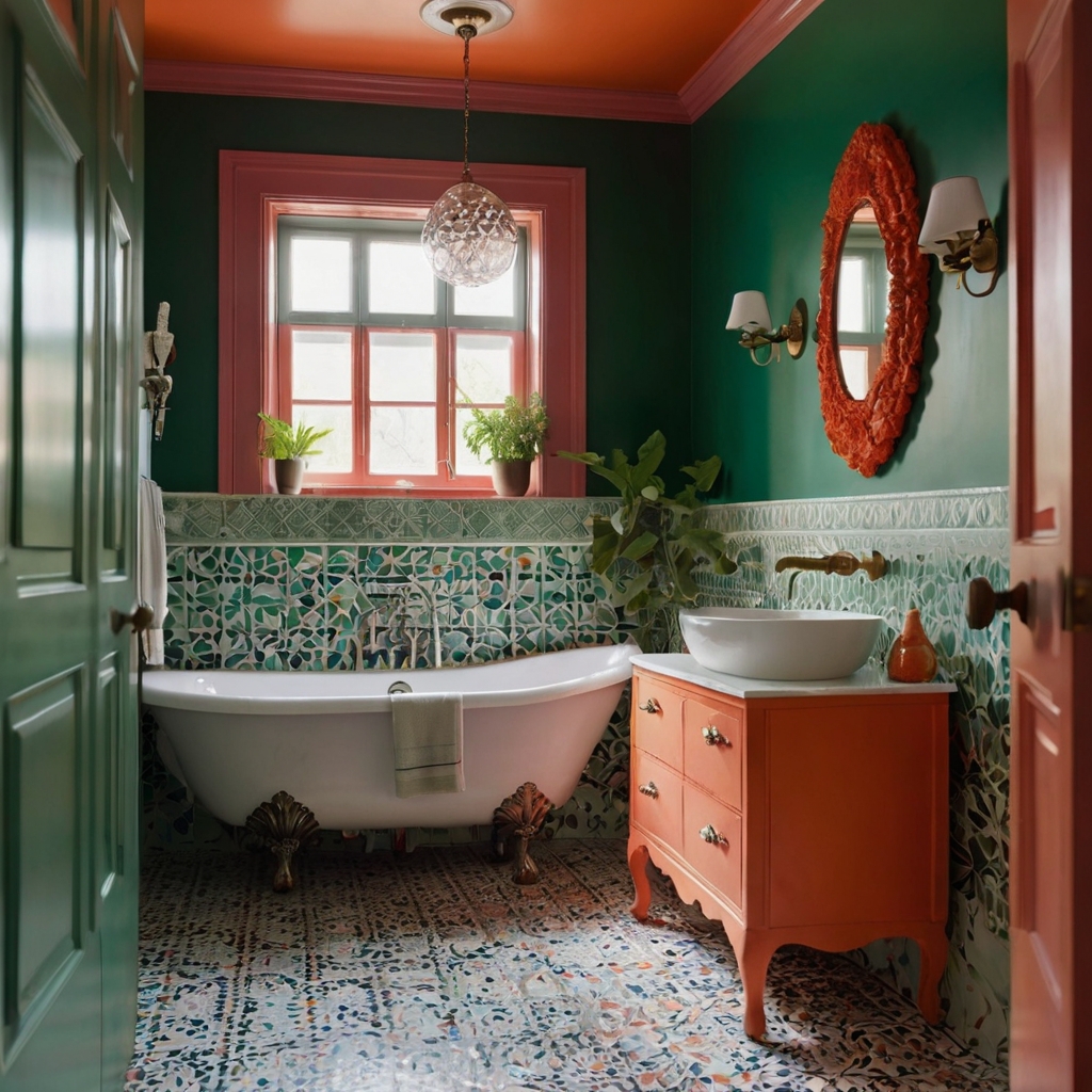 A bright coral or emerald wall enlivens a modern half bathroom. Balanced hues and clean lines create energetic harmony.