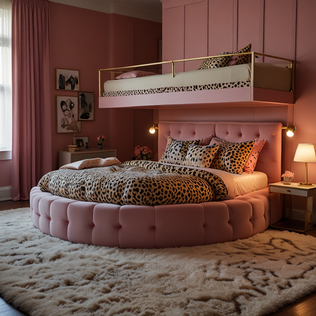 Platform bed with cheetah pillows and puff quilts rises into cozy royalty. The space blends height, mood, and soft drama.