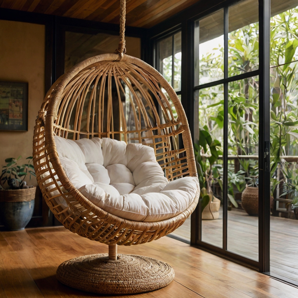 A hanging rattan swing near tall windows floats gently under filtered daylight. Natural light enhances its boho charm and suspended design.