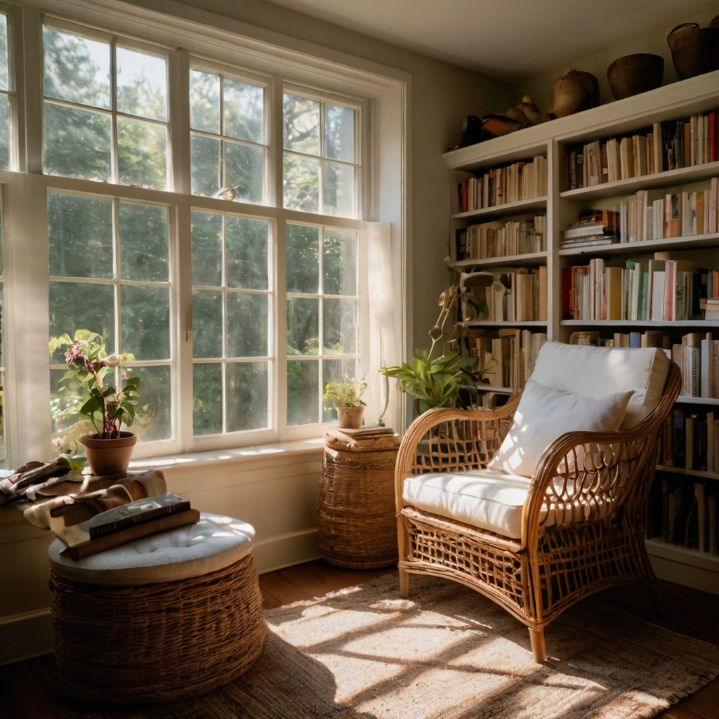 A cozy reading nook sunroom with worn wicker chairs and stacks of books, where soft morning light shines, creating a peaceful reading environment.