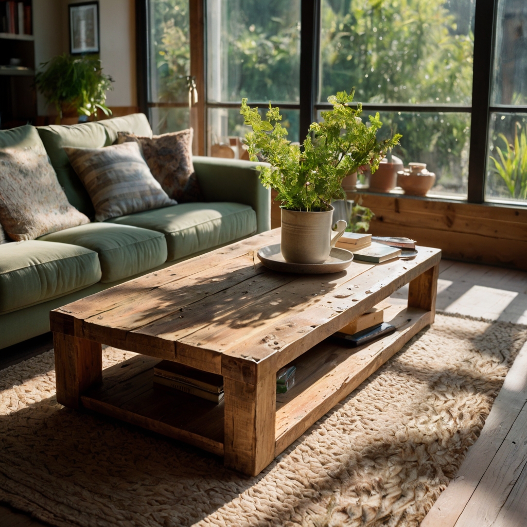 Rustic reclaimed wood coffee table shows weathered knots and aged texture. Sunbeams highlight its worn surface and rough edges.