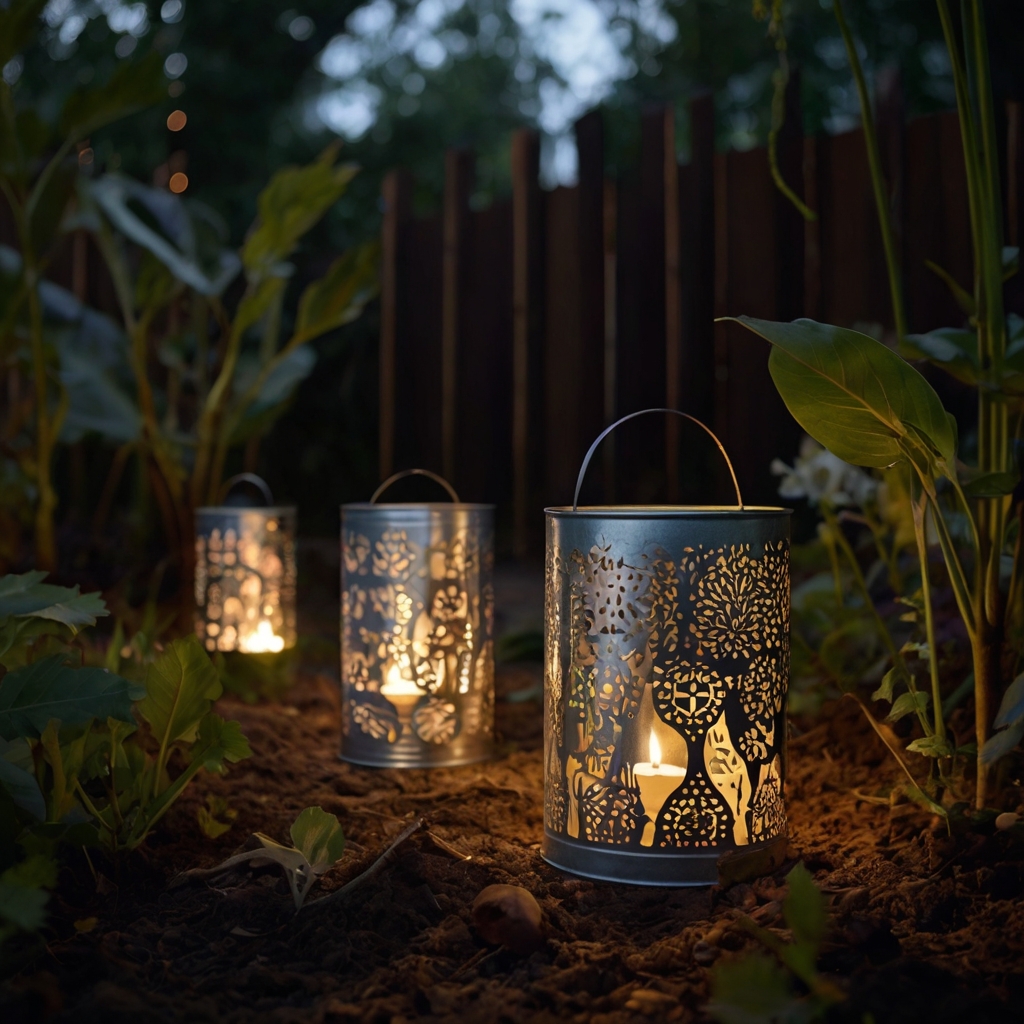 Tin can lanterns emit flickering light through patterned cutouts. Candlelit garden accents cast shadows on nearby flowers and stones.