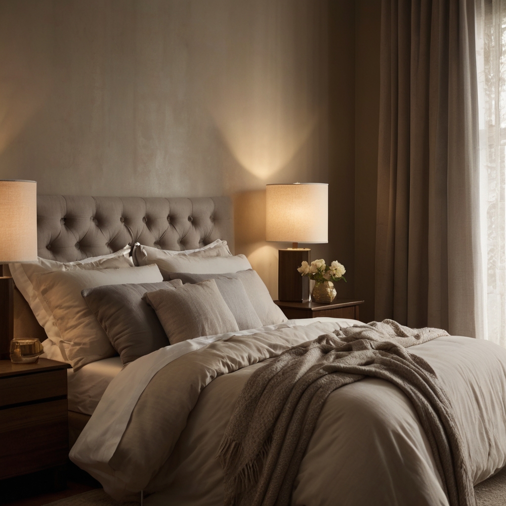 Low ambient lighting melts over soft-toned bedding. Sepia warmth and subtle shadows enhance calm and comfort.