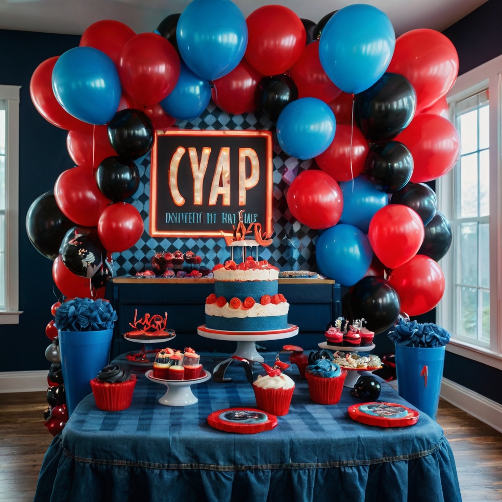 A bold rock 'n' roll baby shower with denim skirts, guitars, records, and checkered treats. Bright red accents and vinyl details pop with retro energy.