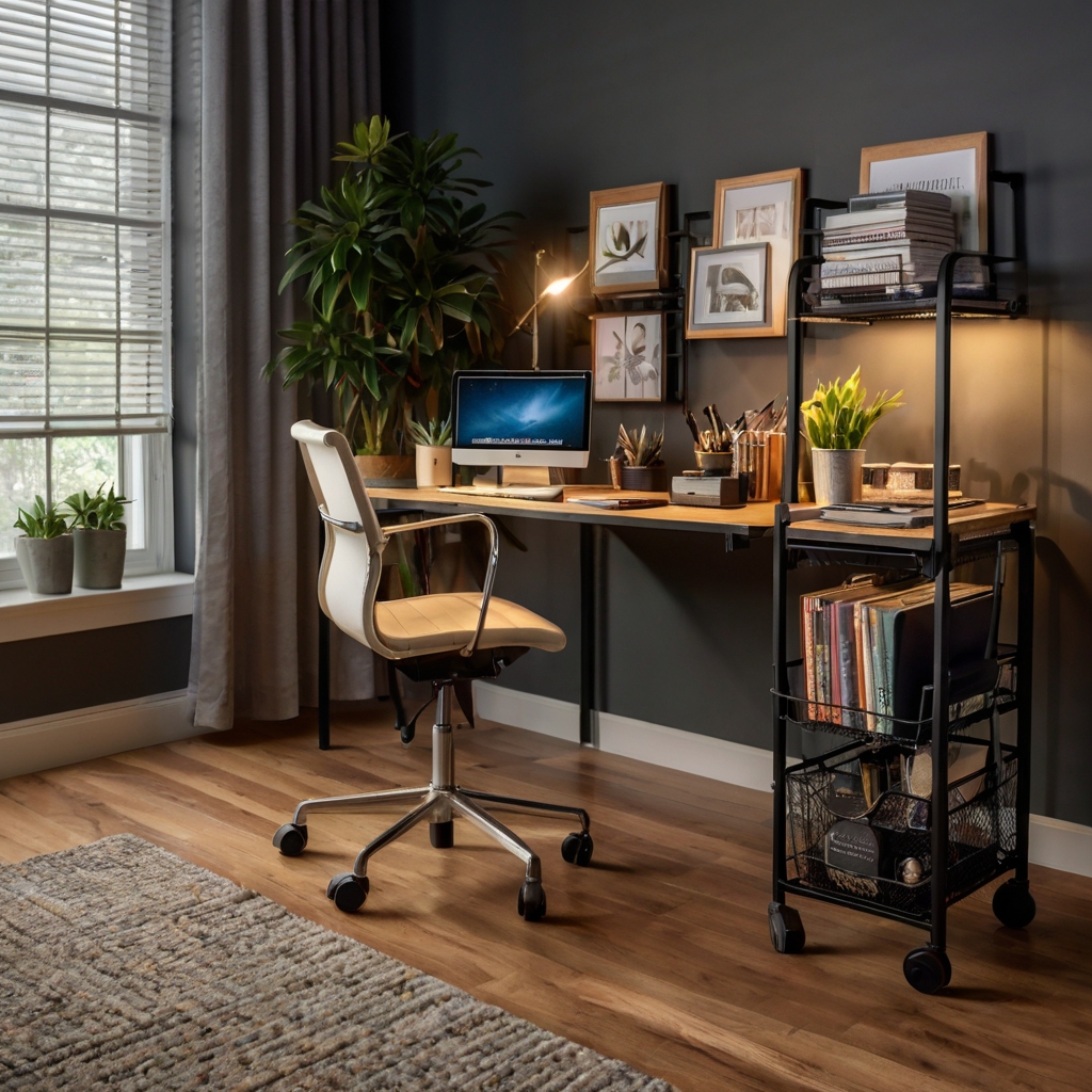 Three-tier rolling cart by a desk holds books and plants in an organized layout. Warm lighting and sleek wheels offer flexibility.